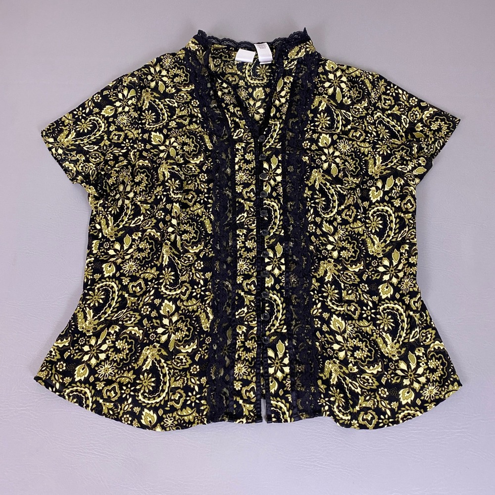 Emma James Blouse Top Woman 16W Paisley Floral Black Olive Lace Trim Button Up